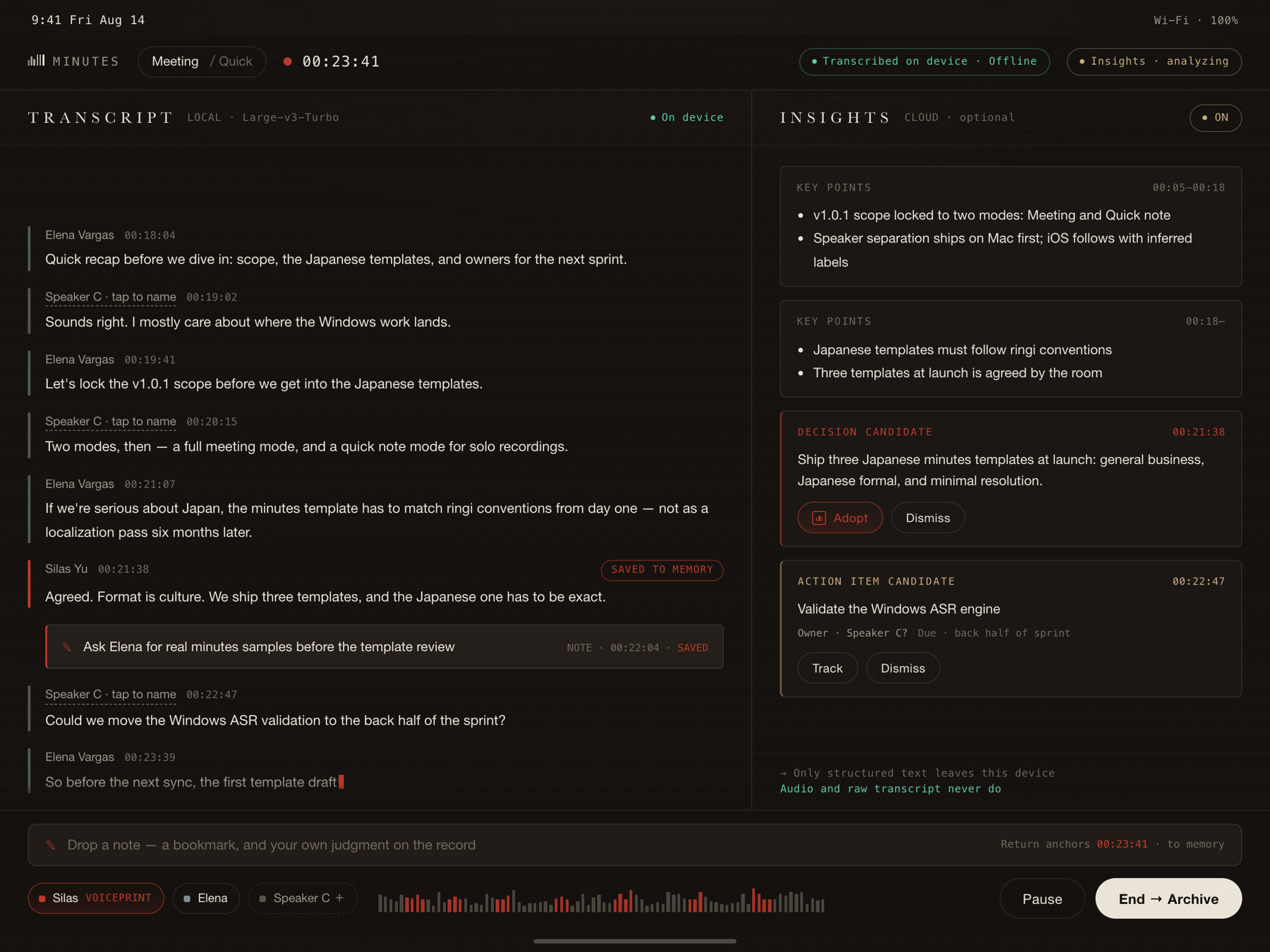 Minutes recording interface on iPad